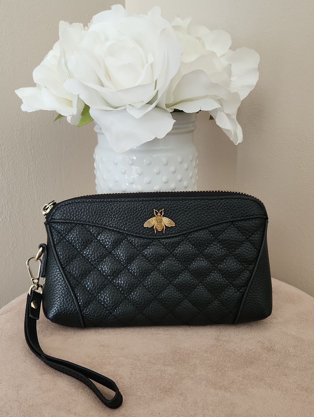 Black Quilted Wristlet Clutch with Gold Bee 🖤🐝